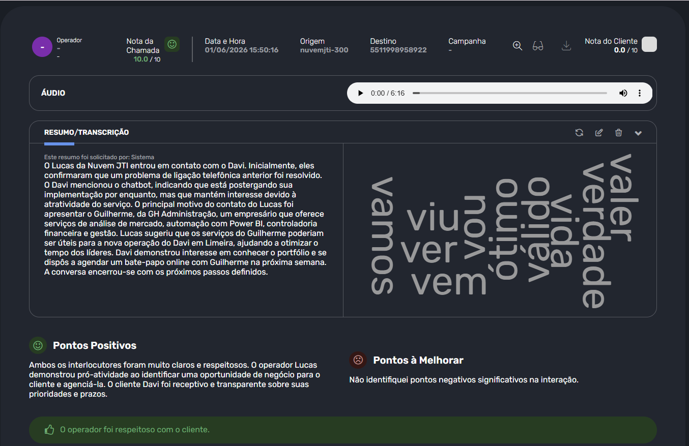 Tela real com resumo, transcrição, nuvem de palavras, pontos positivos e pontos a melhorar